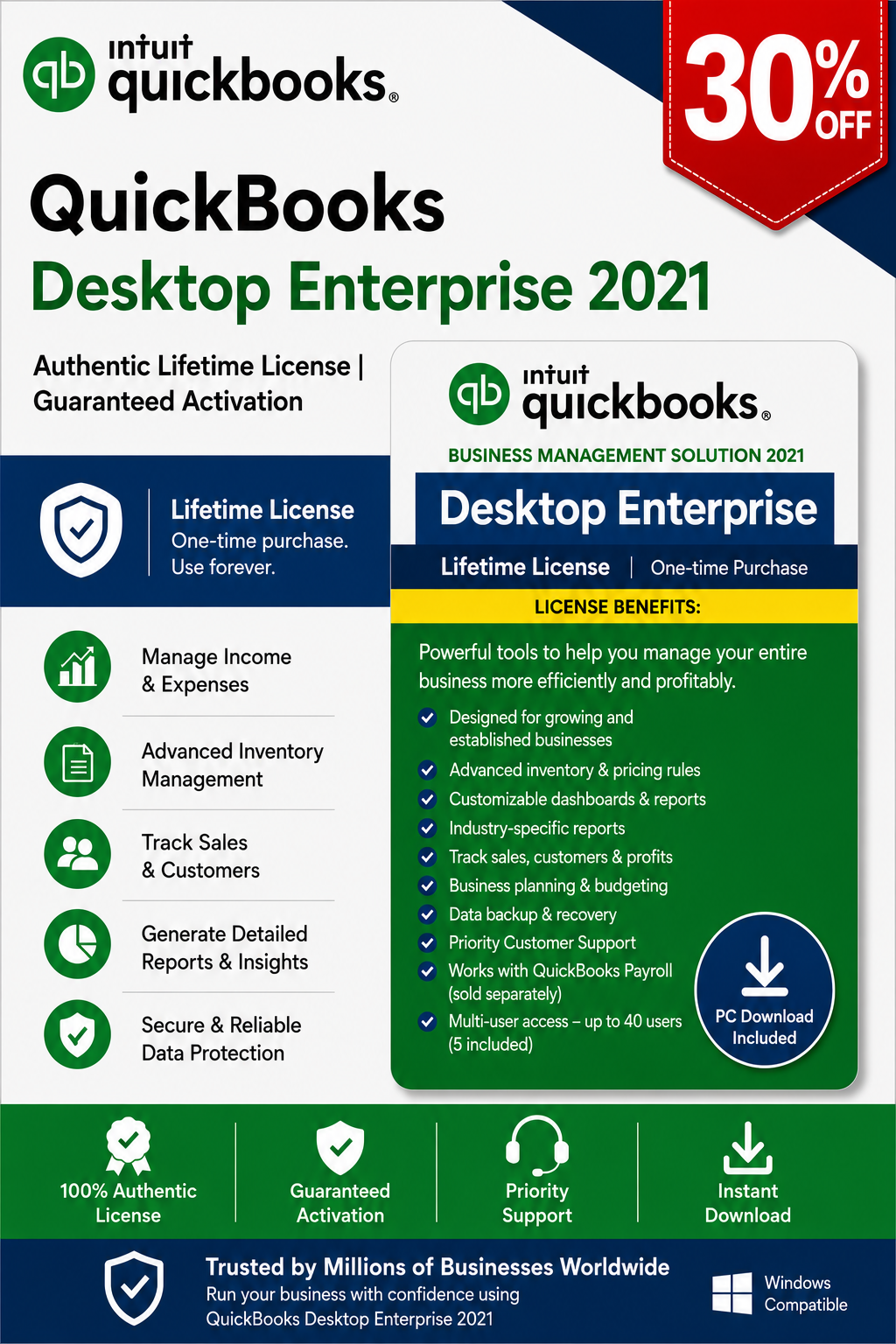 QuickBooks Desktop Enterprise 2021 – Authentic Lifetime License | Guaranteed Activation